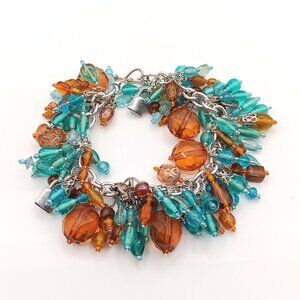 Amber Bead Cha-Cha Charm Bracelet 8” Chunky Blue Faceted Toggle Heart Costume